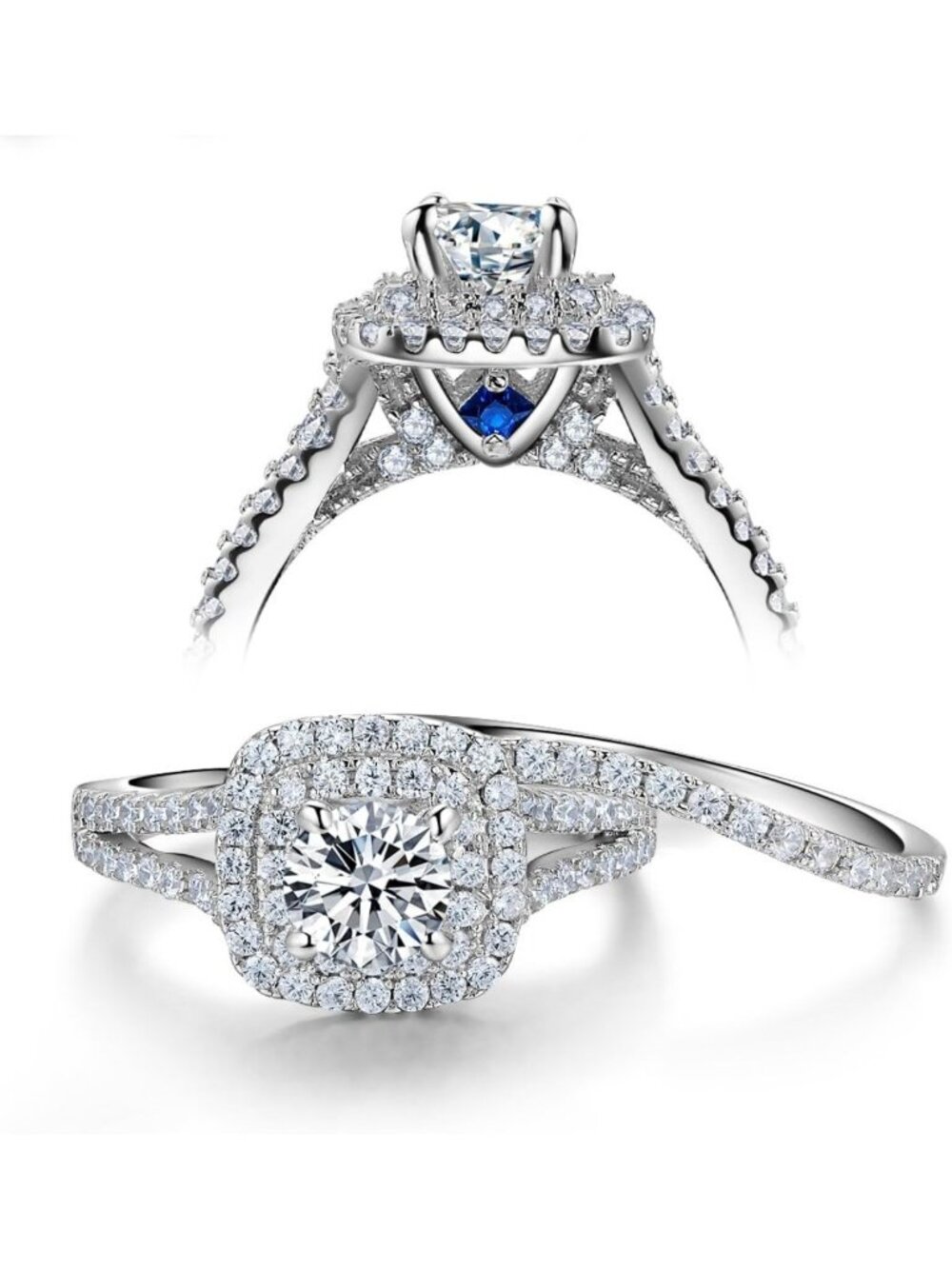 Cubic Zirconia Wedding Engagement Ring Set, 925 Sterling Silver, Blue Sapphire